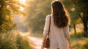 Mulher caminhando sozinha ao amanhecer em parque iluminado, simbolizando libertação emocional após relacionamento tóxico.