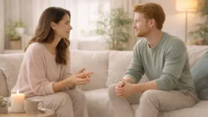 Duas pessoas conversando com calma e empatia em um ambiente acolhedor, representando comunicação saudável e cuidado com a saúde mental.