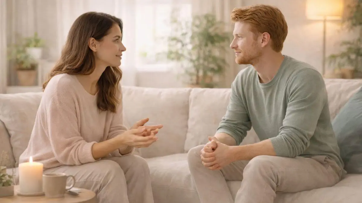 Duas pessoas conversando com calma e empatia em um ambiente acolhedor, representando comunicação saudável e cuidado com a saúde mental.