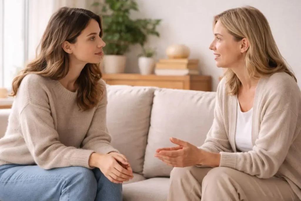 conversando de forma acolhedora em ambiente iluminado naturalmente.