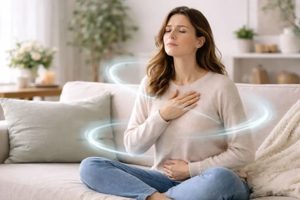 Pessoa praticando respiração profunda em ambiente calmo.