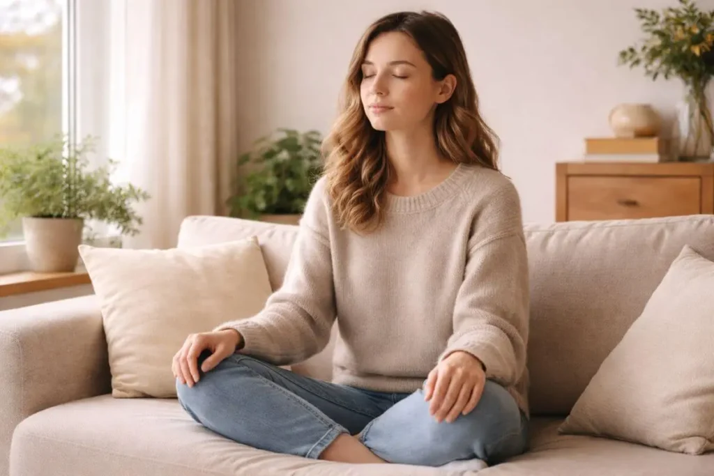 Pessoa praticando respiração consciente em ambiente iluminado naturalmente.