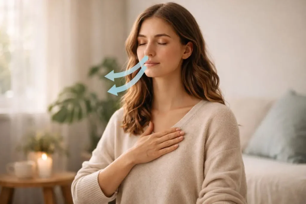 Pessoa praticando respiração consciente como exercício de mindfulness.