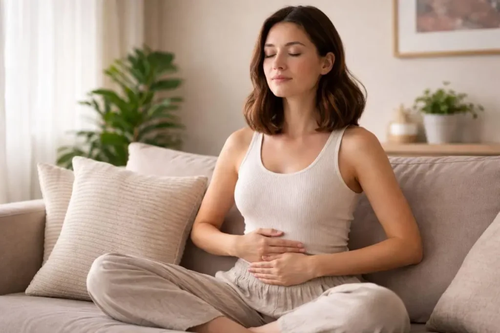 pessoa praticando respiração diafragmática com mãos sobre o abdômen