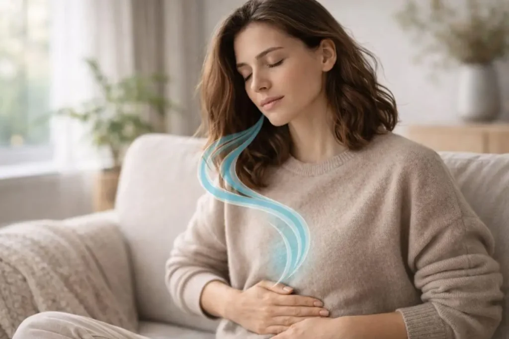 Pessoa respirando de forma consciente, com atenção ao movimento do abdômen.