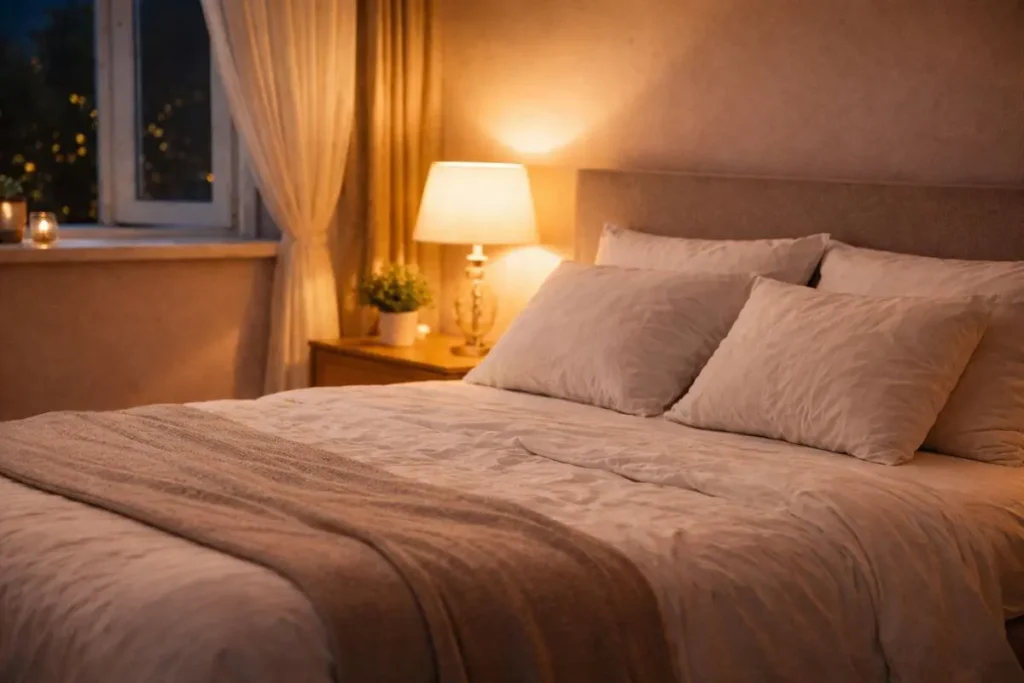 Quarto preparado para ritual noturno de relaxamento com luz suave