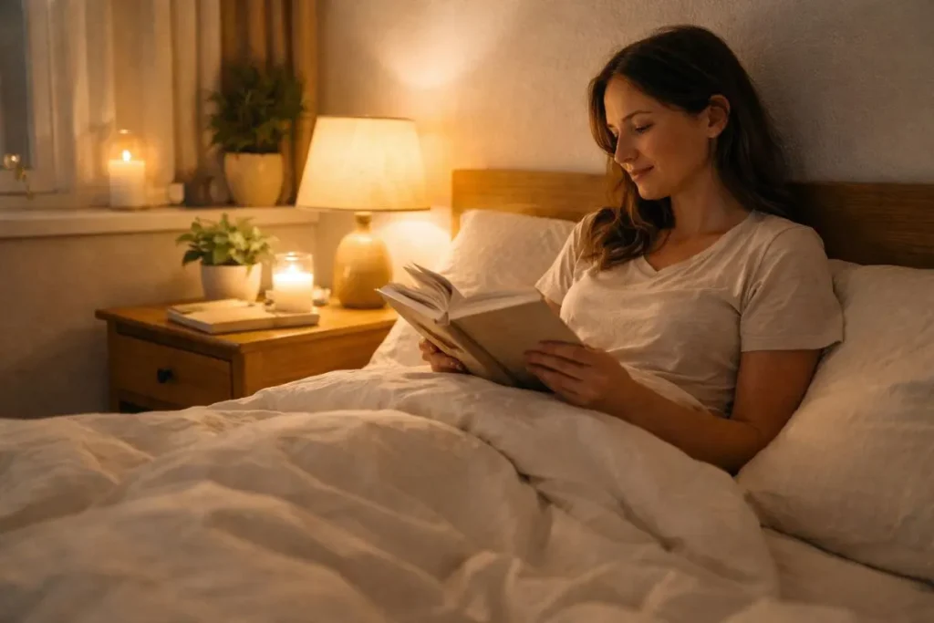 pessoa lendo livro com luz suave antes de dormir