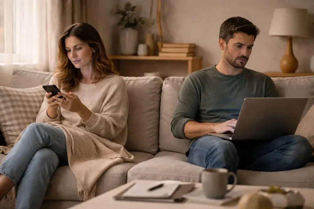 Casal em casa focado em celulares e tarefas, sem interação entre si.