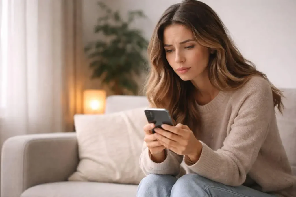 mulher pensativa olhando celular demonstrando ansiedade emocional