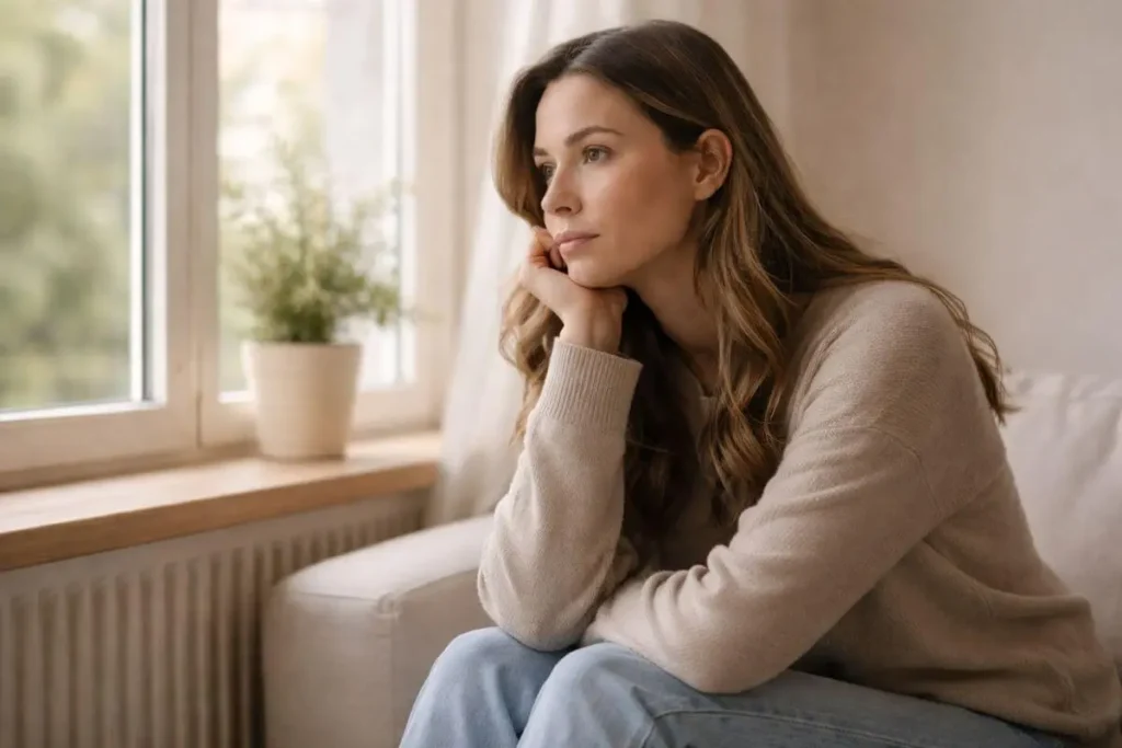 Pessoa olhando pela janela com expressão pensativa.