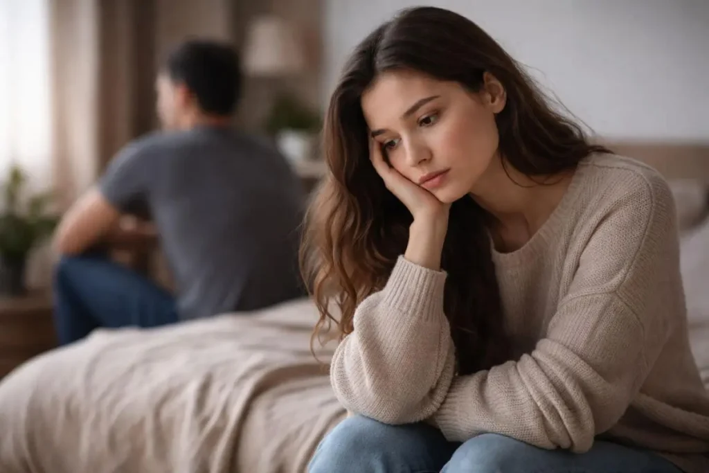 mulher sentada sozinha refletindo após discussão em relacionamento