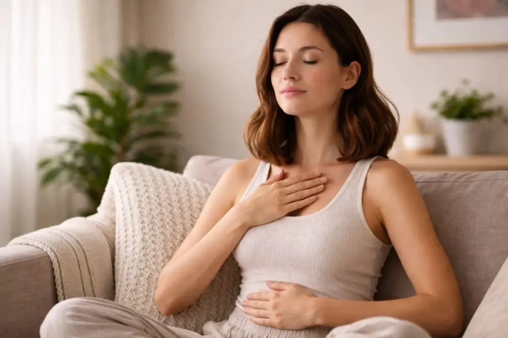 pessoa praticando técnica de respiração 4-7-8 em ambiente silencioso