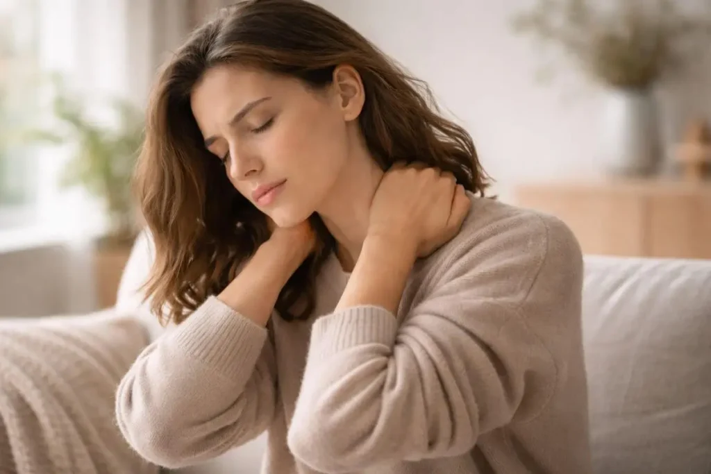 Pessoa tocando o pescoço e os ombros indicando tensão muscular causada pelo estresse.