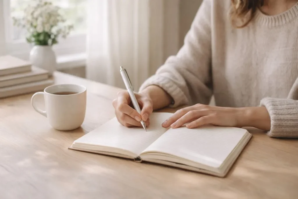 Mulher em momento de calma no dia a dia em ambiente claro e acolhedor
