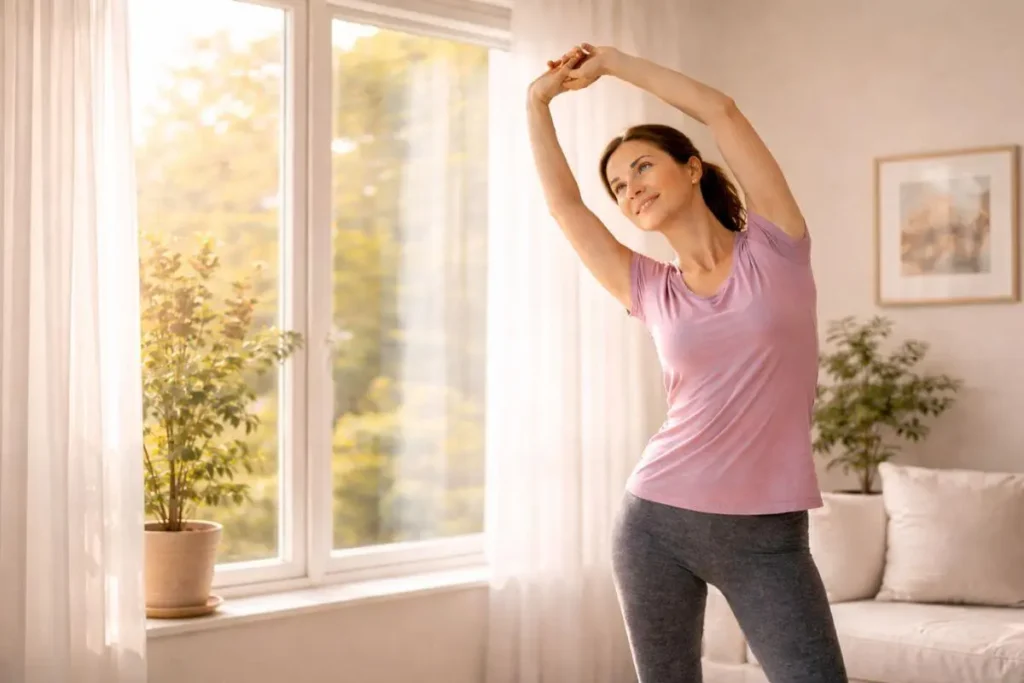 pessoa fazendo alongamento leve em casa pela manhã