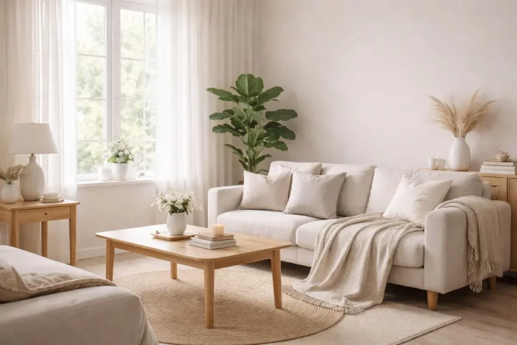 Sala ou quarto organizado com decoração suave para promover calma e bem-estar