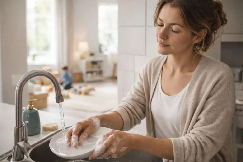 Mãe lavando louça com atenção plena e expressão tranquila.