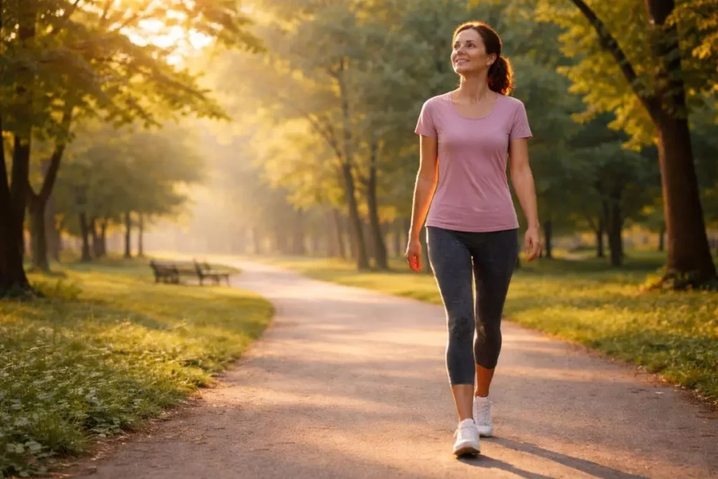 pessoa caminhando lentamente em parque com postura relaxada
Descrição da imagem: adulto caminhando em parque com iluminação suave da manhã, postura tranquila e ambiente natural acolhedor