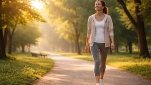 adulto iniciando atividade física leve com caminhada em parque ao nascer do sol