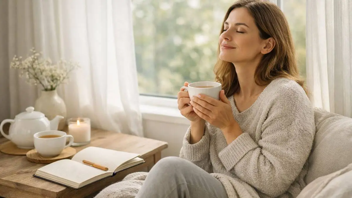 Mulher em momento de pausa em casa com chá e luz suave representando dicas práticas para ter mais calma no dia a dia