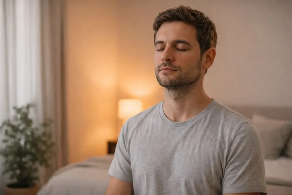 Pessoa com expressão tranquila após prática de meditação adaptada.