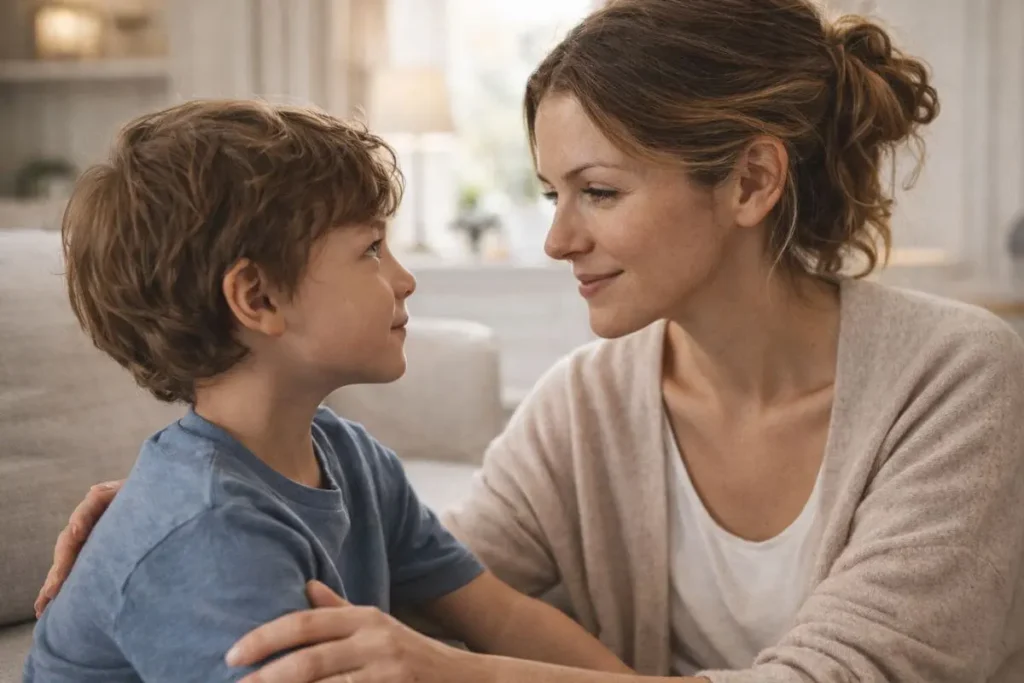 Mãe olhando nos olhos do filho durante conversa.