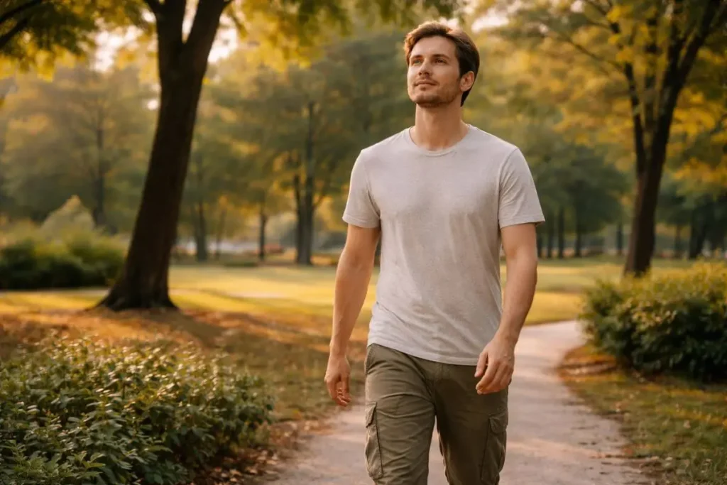 Pessoa caminhando lentamente praticando meditação em movimento ao ar livre.