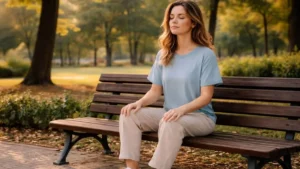 Pessoa inquieta praticando meditação ao ar livre de forma leve e natural.