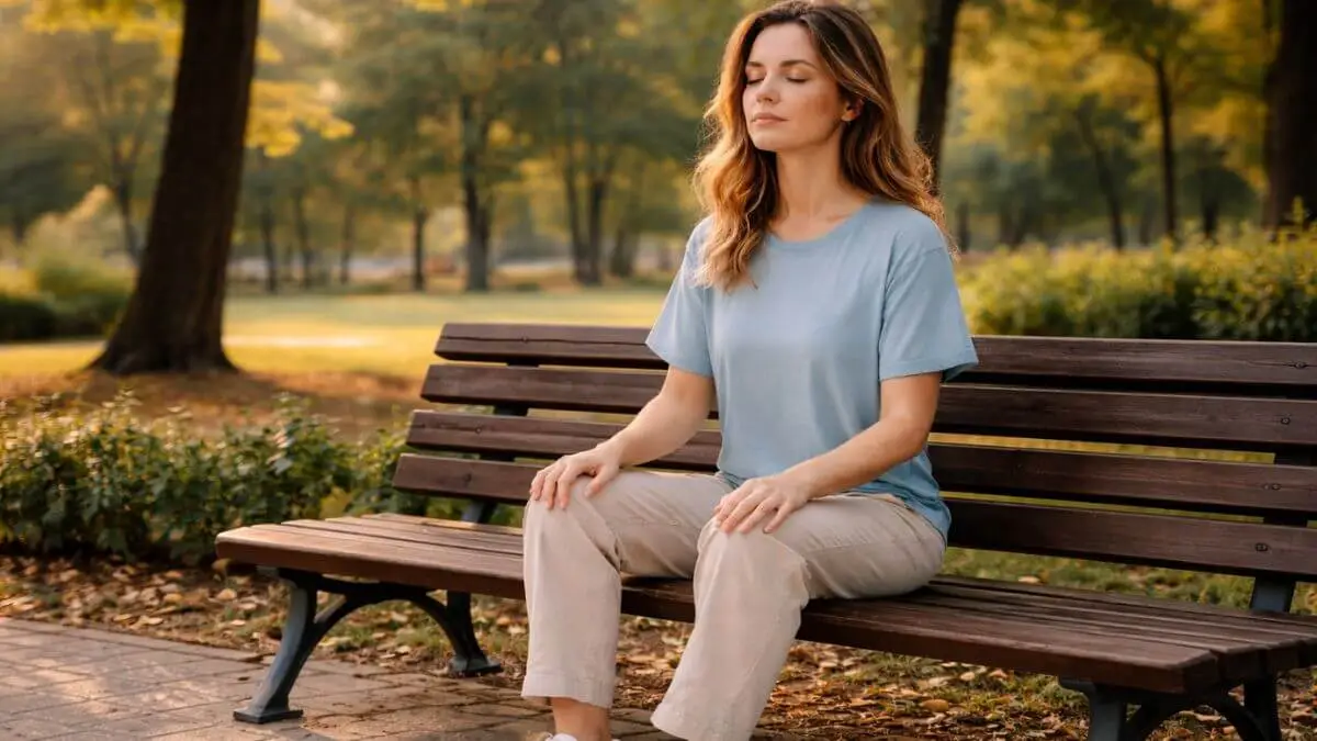 Pessoa inquieta praticando meditação ao ar livre de forma leve e natural.
