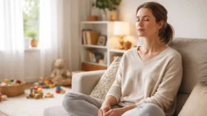 Mãe praticando mindfulness em casa durante momento de pausa.