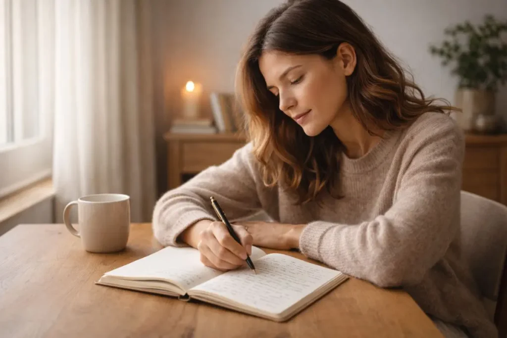 mulher escrevendo em caderno refletindo sobre pensamentos autocríticos