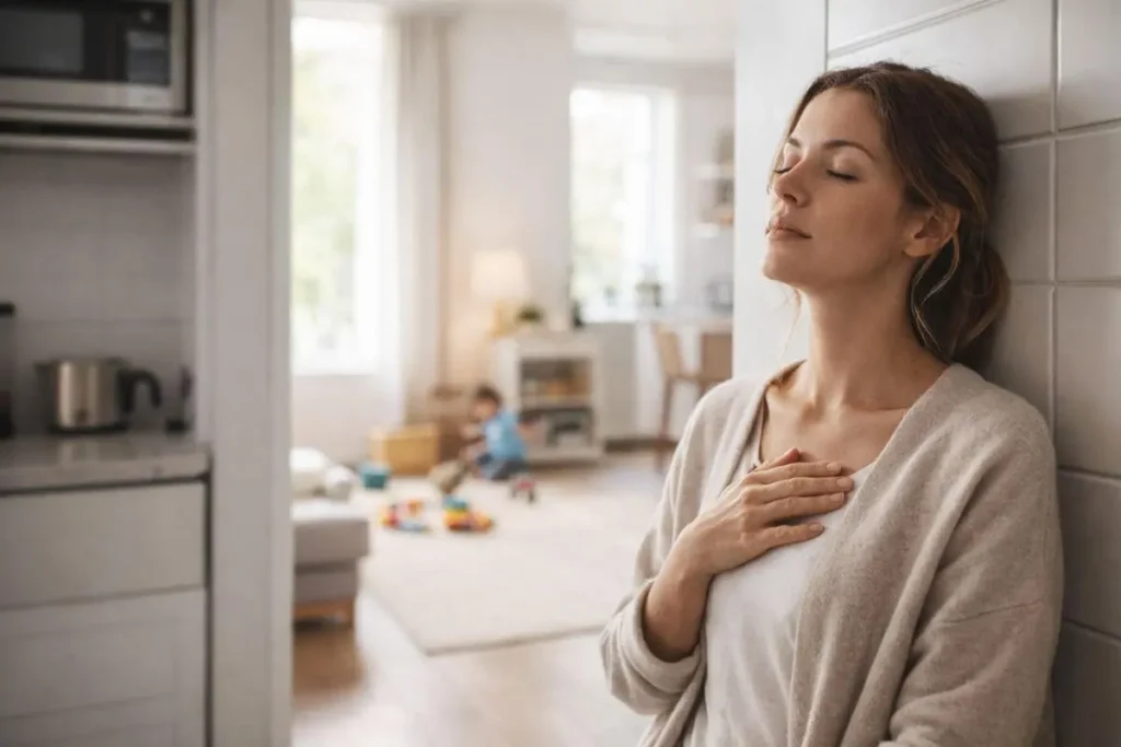 Mãe respirando profundamente em pausa rápida na rotina.