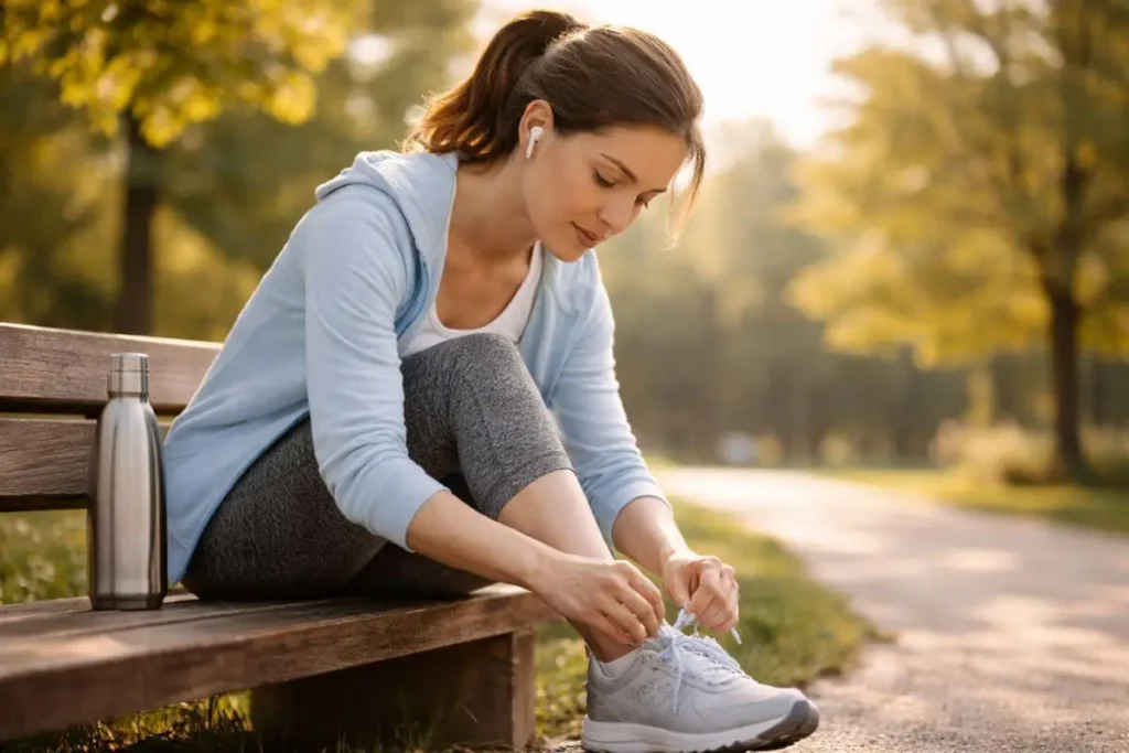 pessoa sentada amarrando tênis antes de sair para caminhar