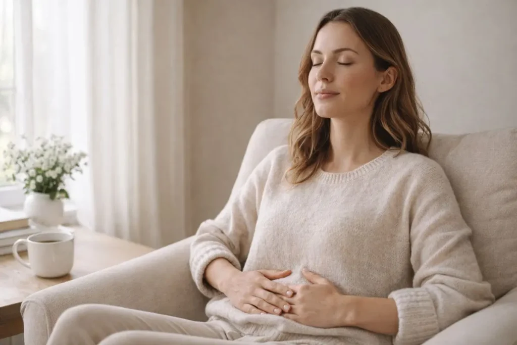 Pessoa praticando técnicas de respiração para relaxamento em ambiente calmo