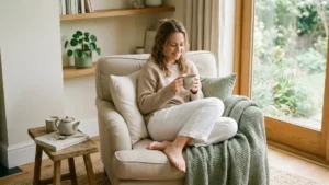 Mulher em um cantinho de relaxamento em casa com chá, manta e luz suave