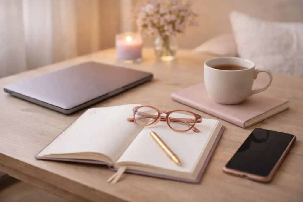 Mesa organizada representando pausa consciente e culpa por descansar após a rotina