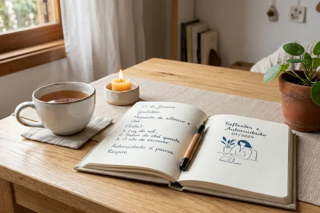 Diário de autocuidado em mesa clara para rotina de relaxamento em casa