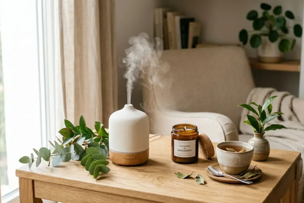 Difusor de aromas em cantinho de relaxamento em casa com vela e chá
