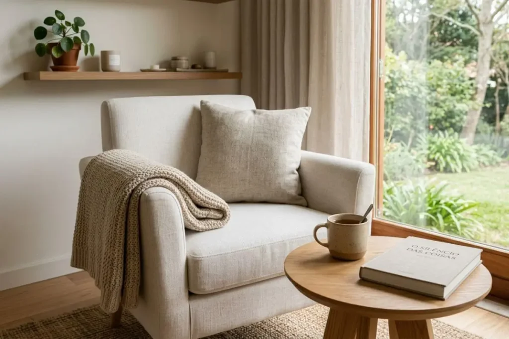 Manta macia em poltrona clara para cantinho de relaxamento em casa