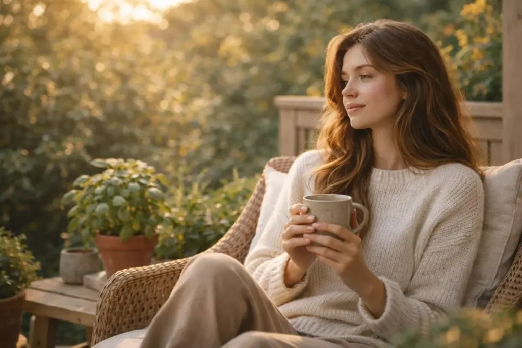 mulher em momento de reconexão consigo mesma praticando autocuidado ao ar livre