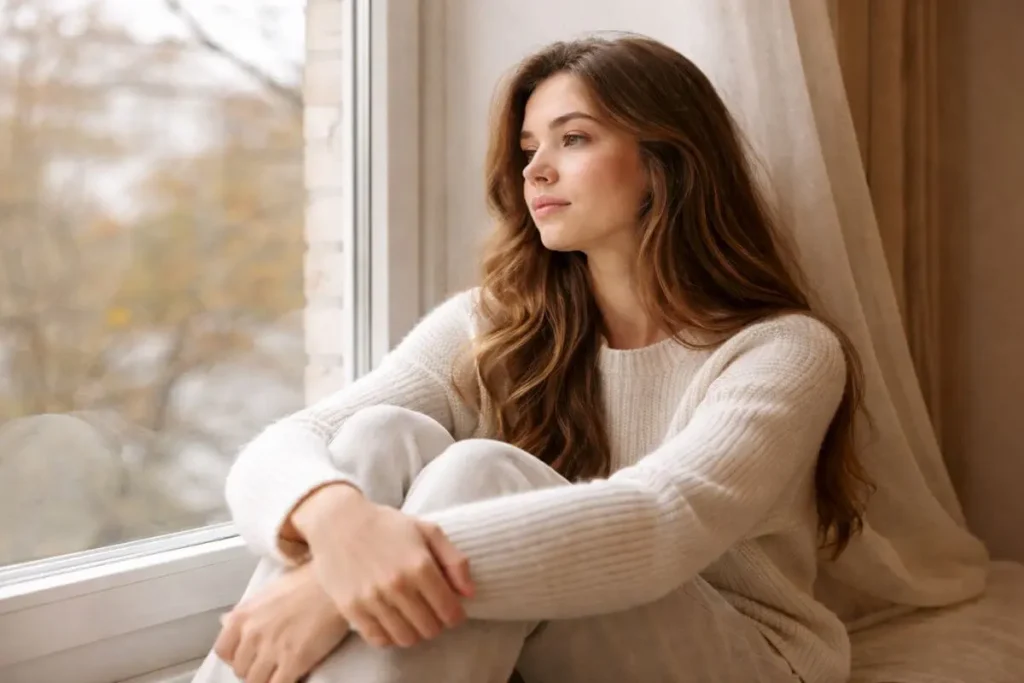 mulher olhando pela janela com sensação de vazio emocional e desconexão