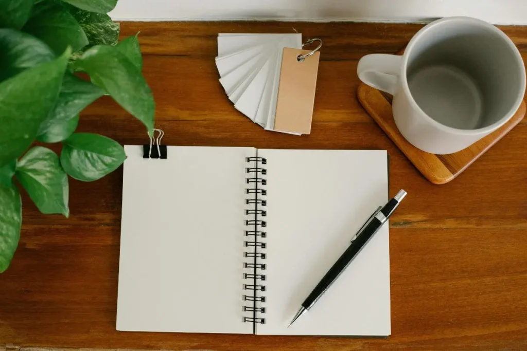 Mesa organizada vista de cima com caderno aberto, caneta, planta pequena e xícara, transmitindo calma e acolhimento.