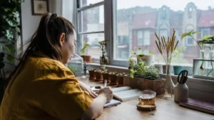 Mulher escrevendo em caderno junto à janela com plantas ao redor e chá na mesa em momento de reflexão consciente