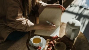 Mulher escrevendo em caderno aberto ao lado de uma xícara de chá, em ambiente aconchegante com luz natural suave.