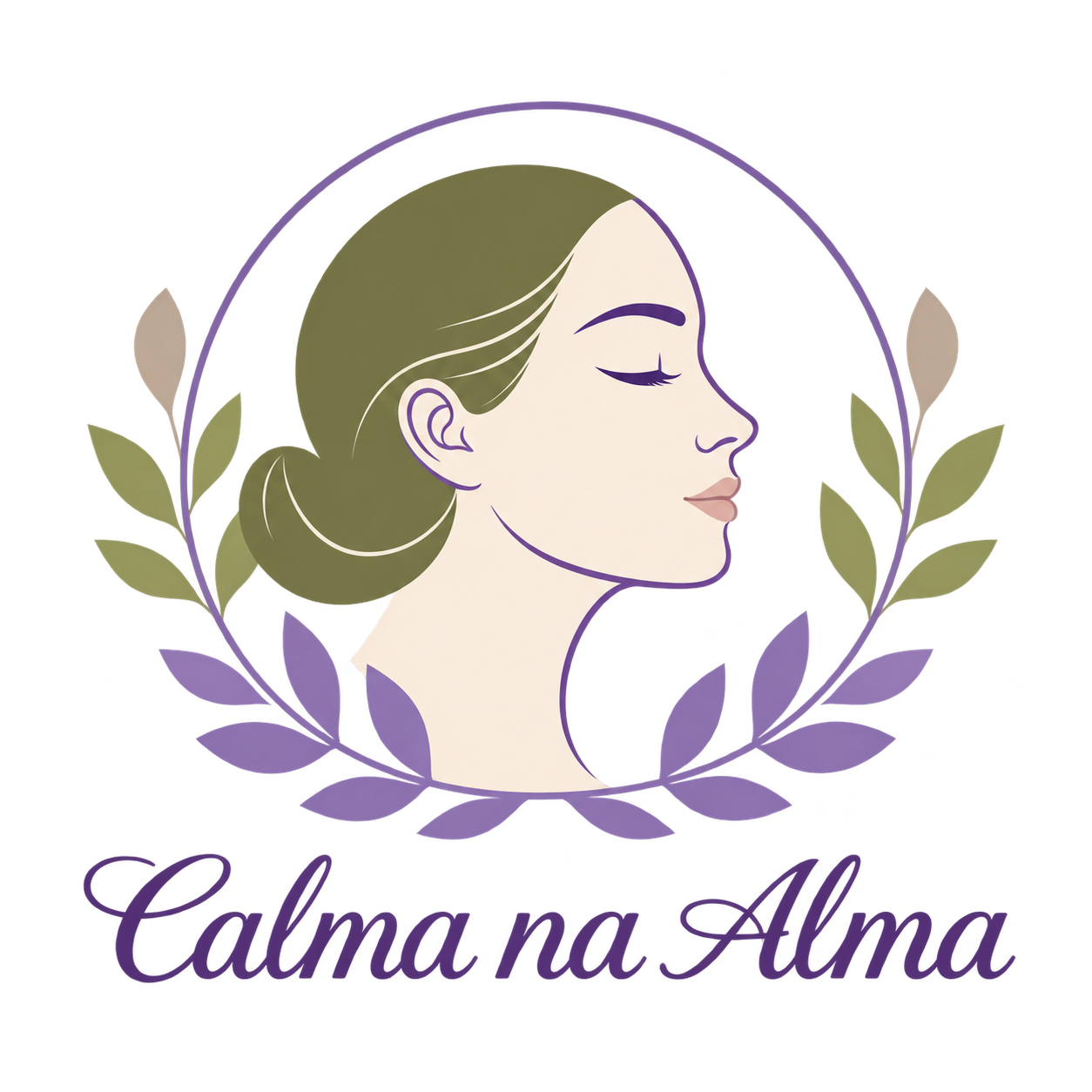 Logo do blog Calma na Alma com perfil feminino e elementos botânicos